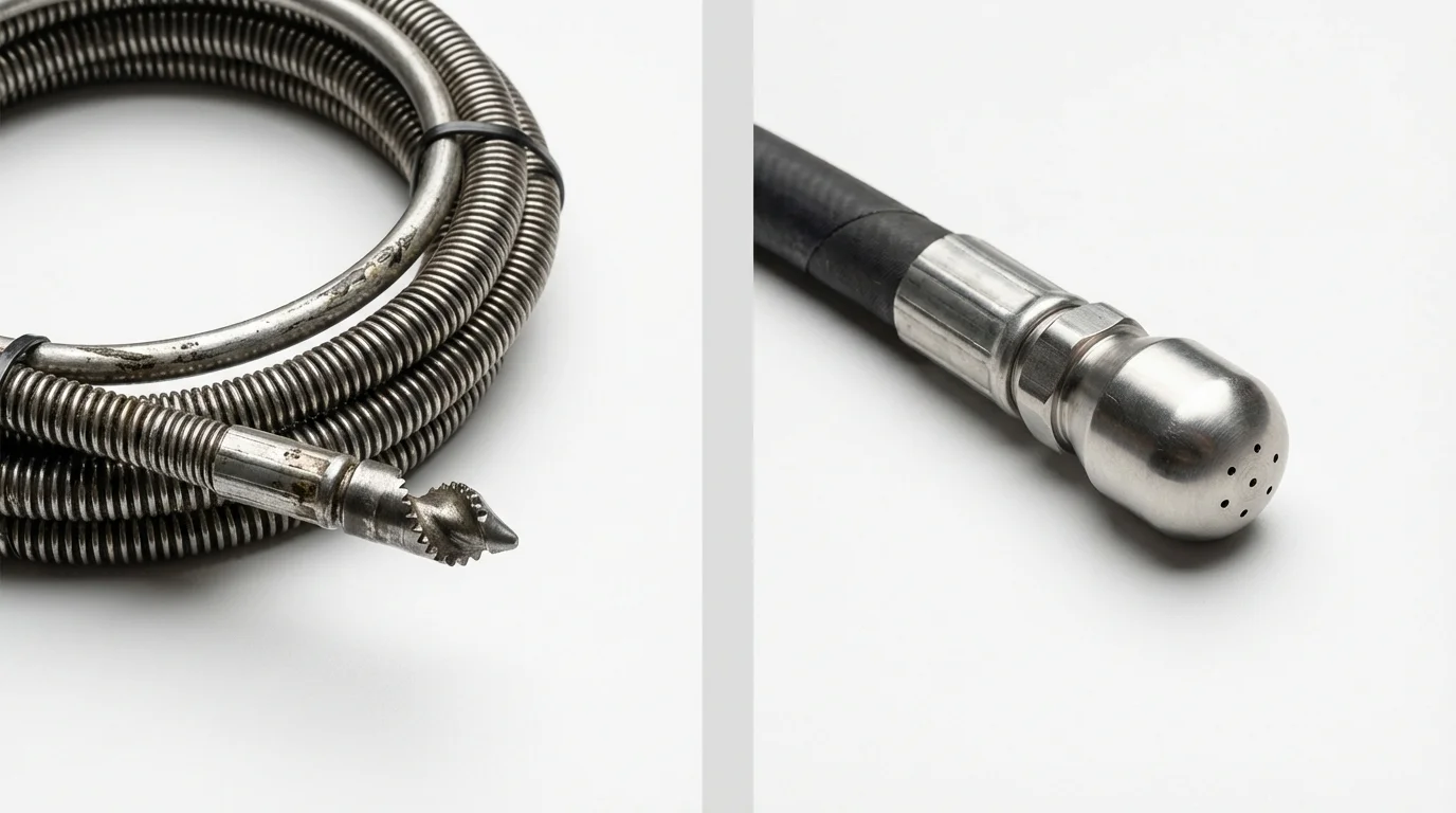 Drain snake cable and hydro jetting nozzle used for drain cleaning in Wellsville, UT