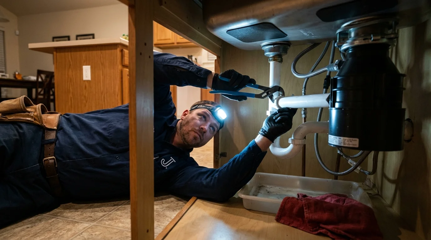 P-trap and supply line connections under a kitchen sink showing a common leak point in Wellsville, UT